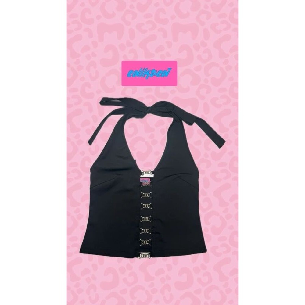 Y2K Black Halter Crop Top with Silver Hardware Hardware Detail